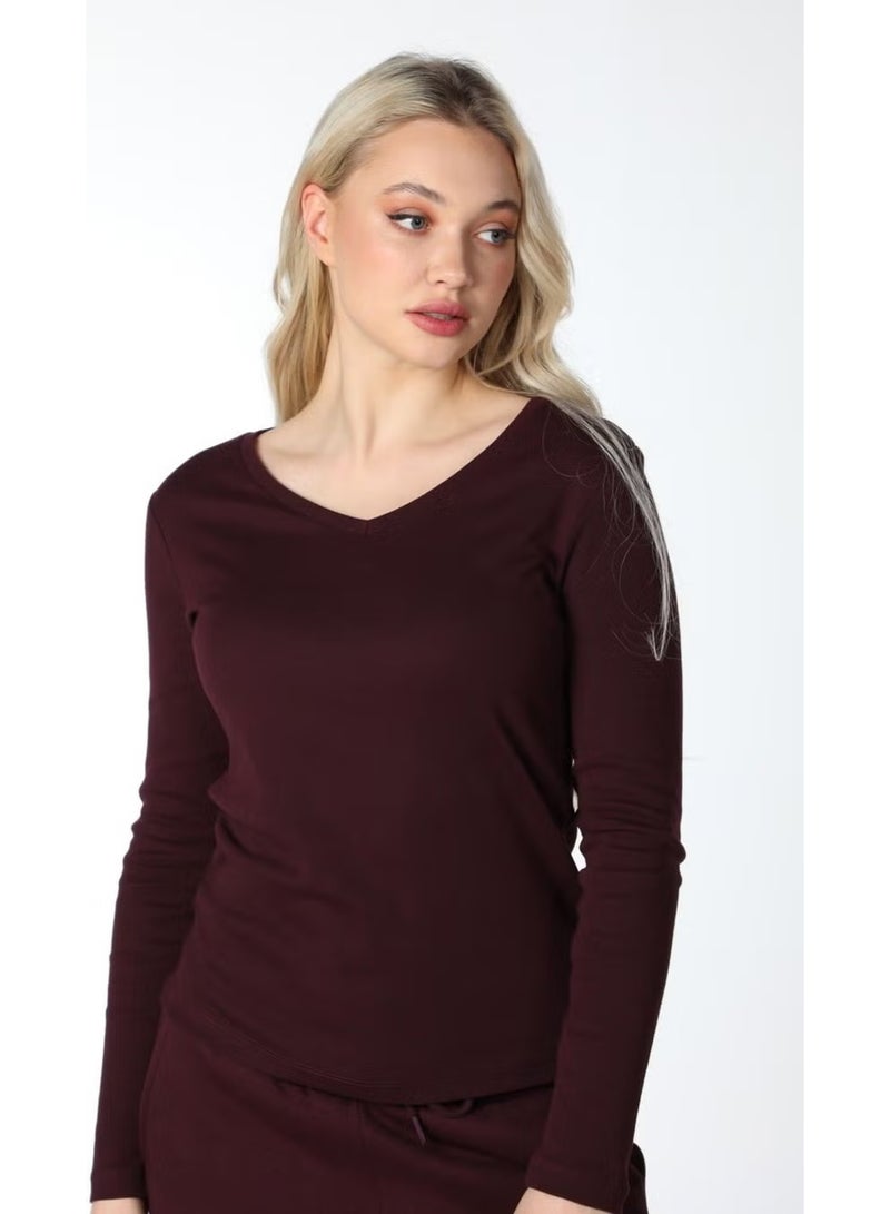 Defy's Women's Long Sleeve V Neck T-Shirt Plum - Image 4